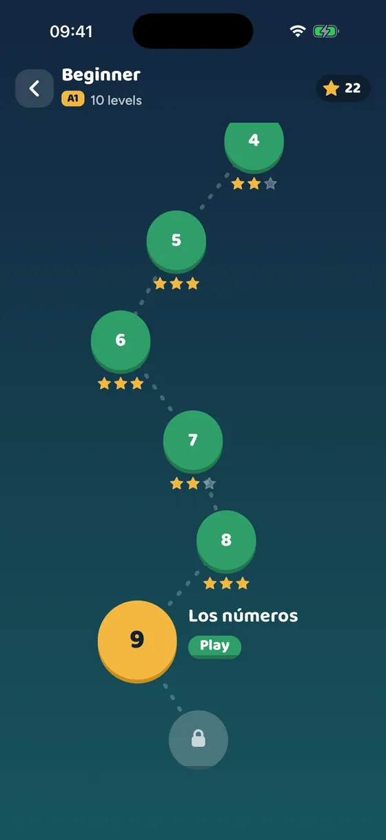 The A1 level map: finished levels with stars and the next level ready to play.