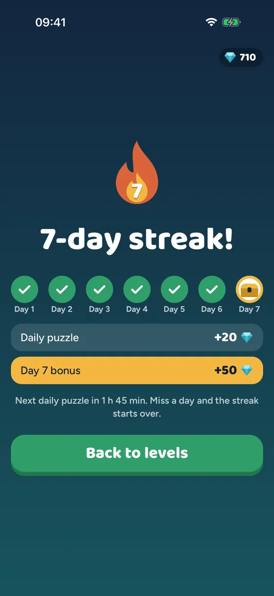 A “7-day streak!” screen with seven checked days and a day 7 bonus of 50 gems.